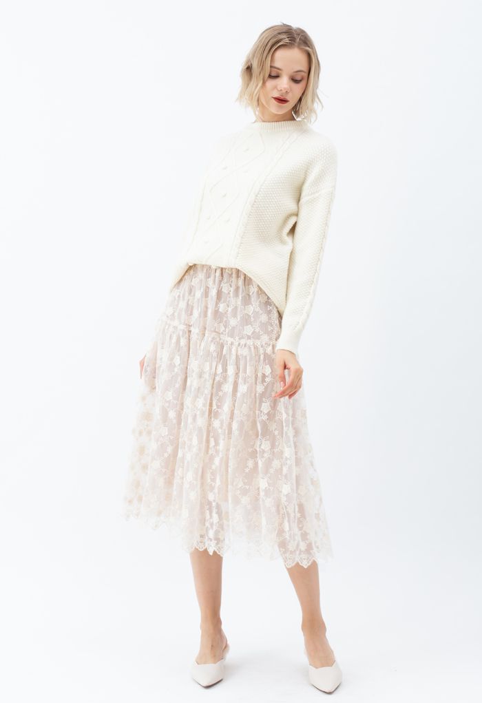 Floral Organza Overlay Mesh Midi Skirt in Cream