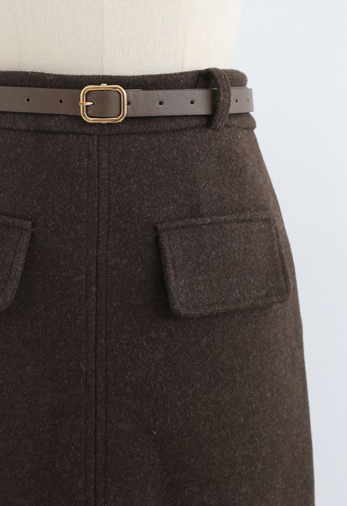 Belted Wool-Blend Split Skirt in Brown