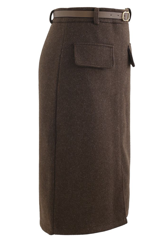 Belted Wool-Blend Split Skirt in Brown