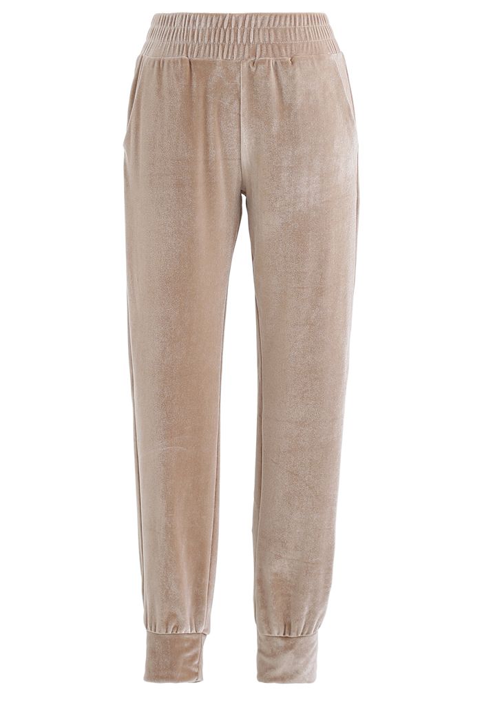 Zipper Velvet Cropped Top and Joggers Set in Tan