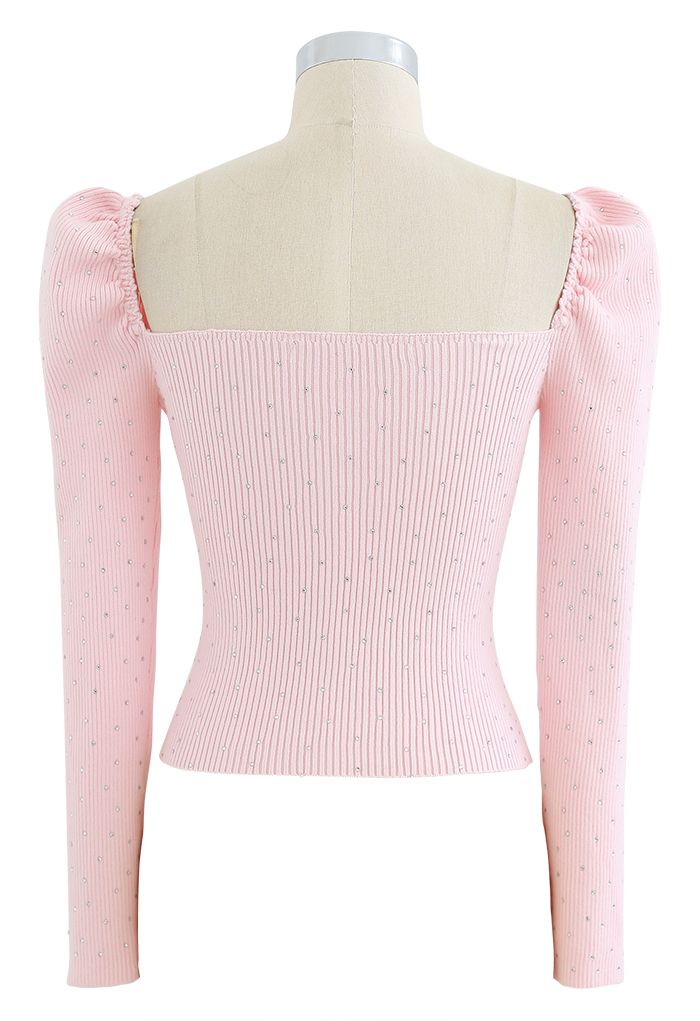 Flickering Square Neck Fitted Crop Knit Top in Pink