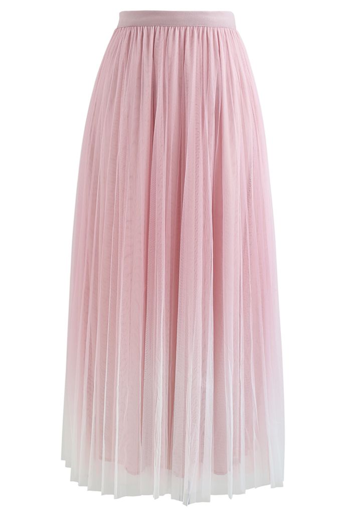 Gradient Double-Layered Mesh Tulle Skirt in Pink