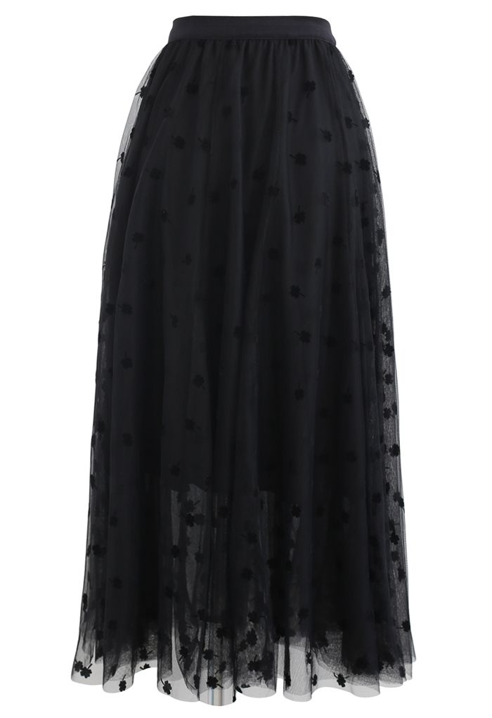 3D Clover Double-Layered Mesh Midi Skirt in Black