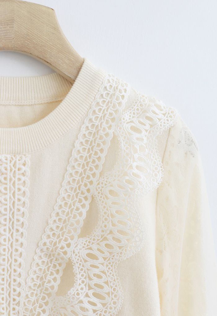 Lacy Front Mesh Sleeves Knit Top in Cream