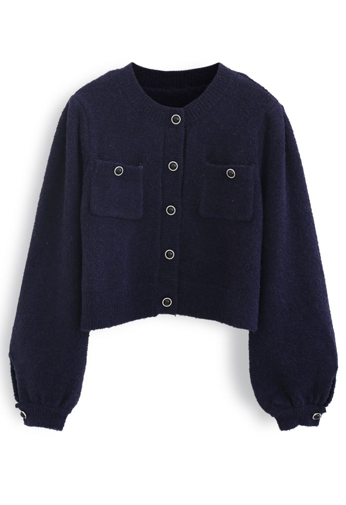 Fluffy Button Down Pocket Knit Cardigan in Navy