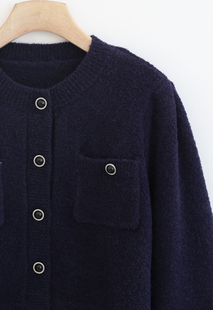 Fluffy Button Down Pocket Knit Cardigan in Navy