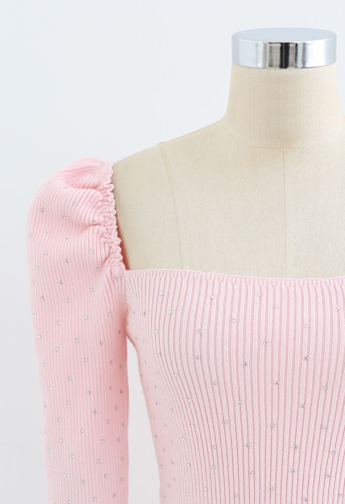 Flickering Square Neck Fitted Crop Knit Top in Pink