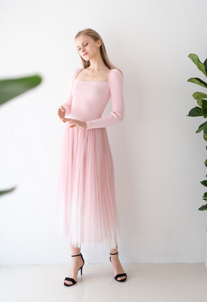 Gradient Double-Layered Mesh Tulle Skirt in Pink