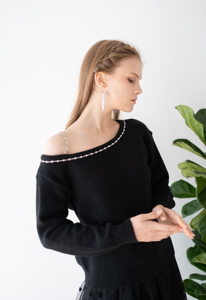 One-Shoulder Diamond Strap Knit Sweater in Black