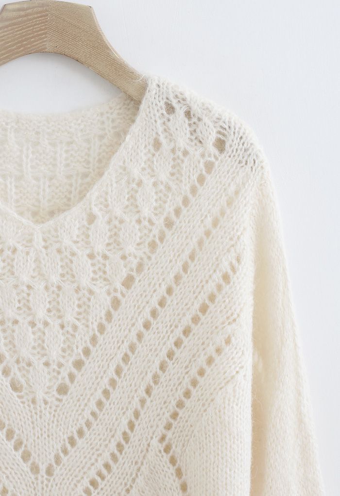 V-Shape Eyelet Fuzzy Knit Sweater in Cream