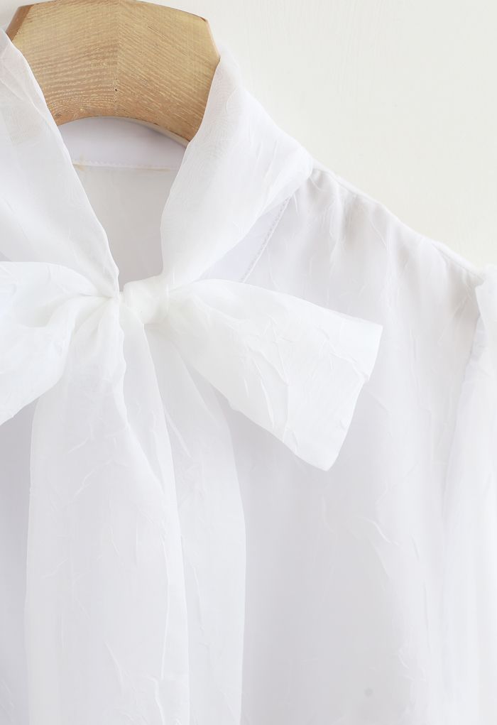 Sheer Bowknot Button Down Shirt in White