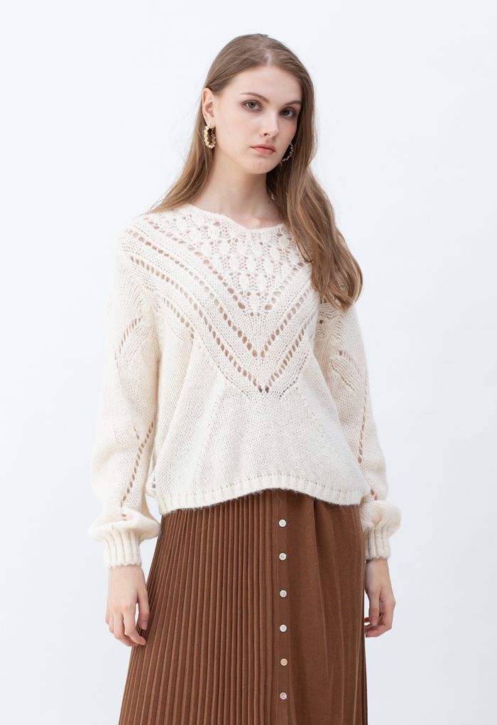 V-Shape Eyelet Fuzzy Knit Sweater in Cream