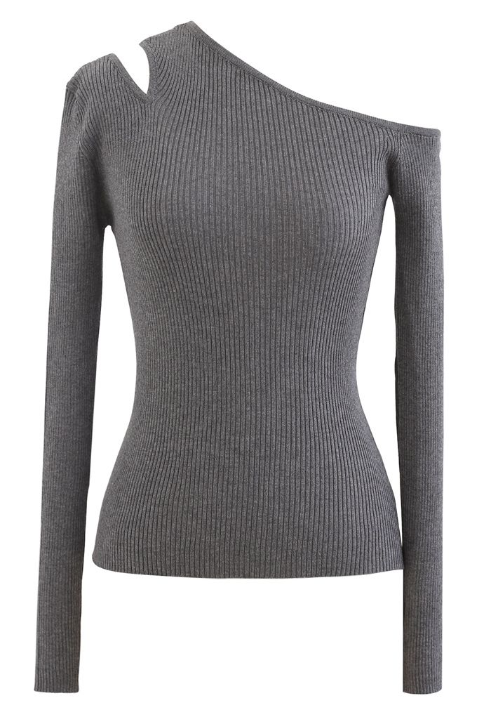 Asymmetric Cut Out Cold-Shoulder Fitted Knit Top in Grey