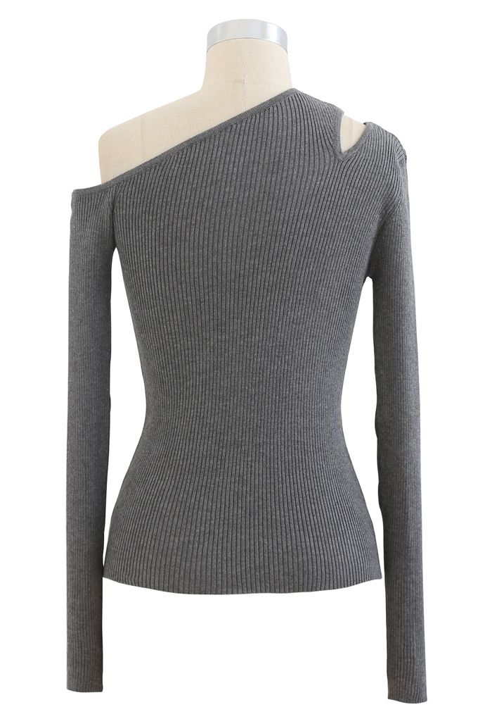 Asymmetric Cut Out Cold-Shoulder Fitted Knit Top in Grey