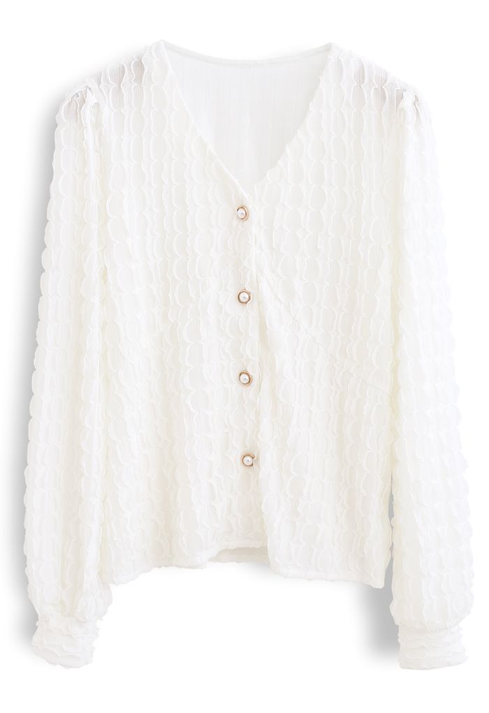 3D Scallop V-Neck Buttoned Top in White