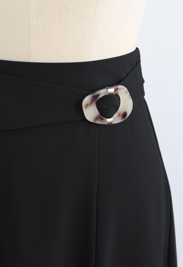 Marble Buckle Belted Flare Midi Skirt in Black
