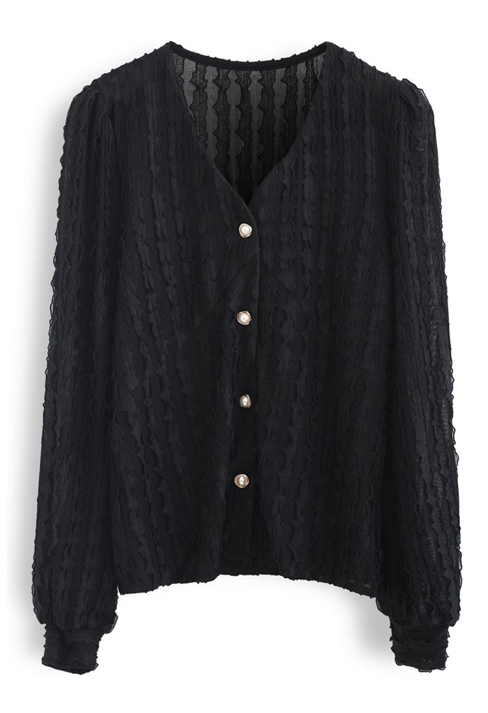 3D Scallop V-Neck Buttoned Top in Black