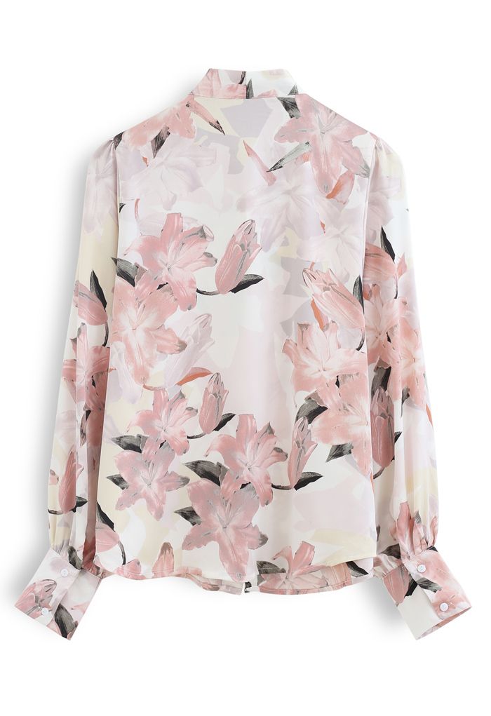 Pink Lily Blossom Watercolor Bowknot Shirt