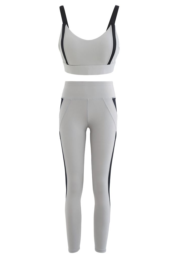 Two-Tone Sports Bra and Mesh Inserted Leggings Set in Dusty Blue