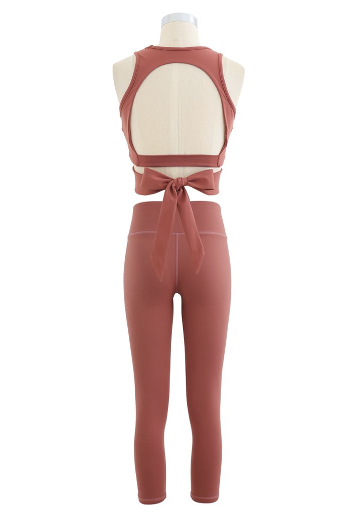 Open Back Bowknot Waist Sports Bra and Crop Leggings Sets in Coral