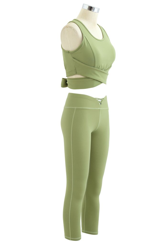 Open Back Bowknot Waist Sports Bra and Crop Leggings Sets in Green