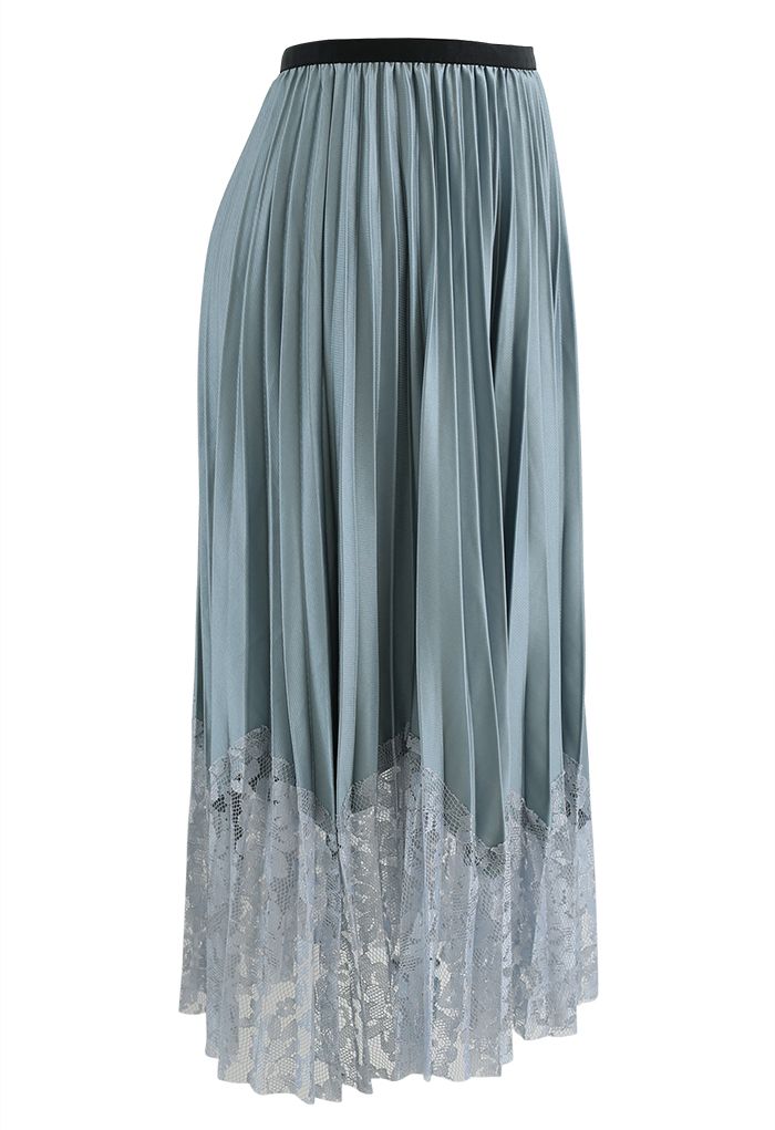 Pleated Sheen Flower Lace Hem Midi Skirt in Turquoise