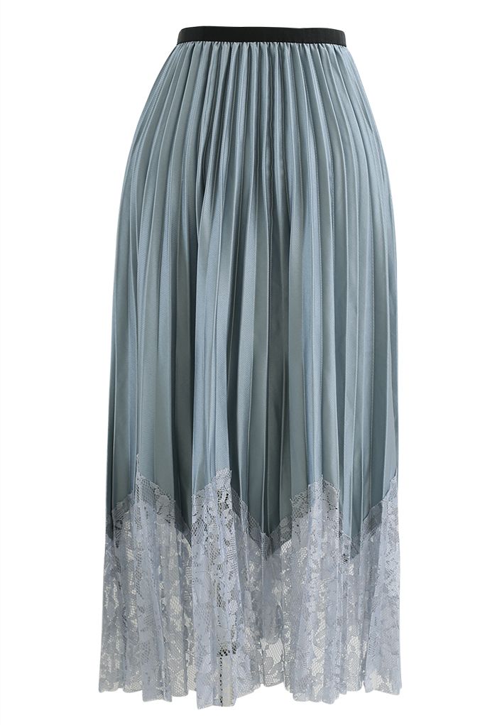 Pleated Sheen Flower Lace Hem Midi Skirt in Turquoise