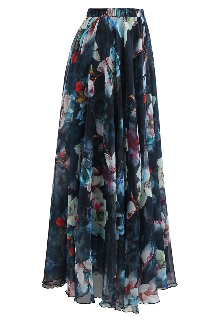 Flowy Floral Chiffon Maxi Skirt - Retro, Indie and Unique Fashion