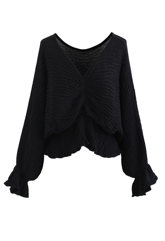 Batwing Sleeves V-Neck Ruched Knit Top in Black