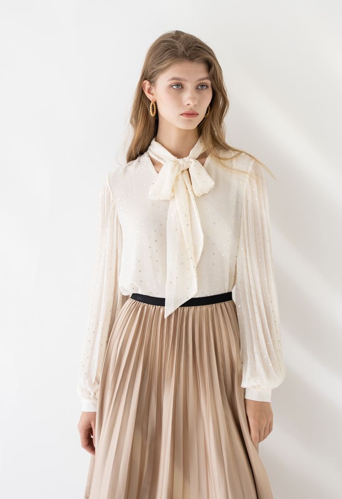 Glitter Dots Pleated Sleeves Bowknot Top