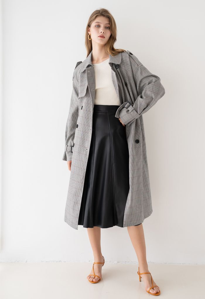 Houndstooth Belted Double-Breasted Longline Coat