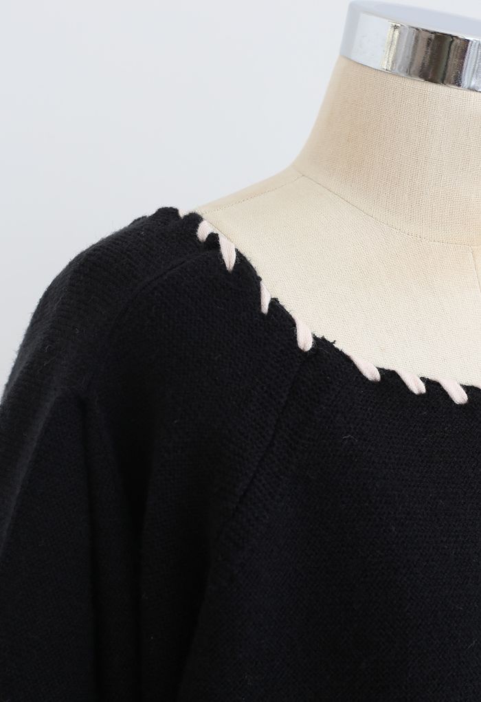 Braid Edge Bowknot Puff Sleeves Sweater in Black