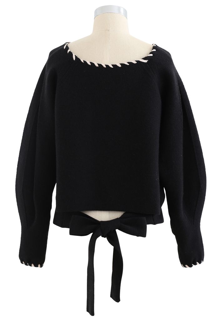 Braid Edge Bowknot Puff Sleeves Sweater in Black