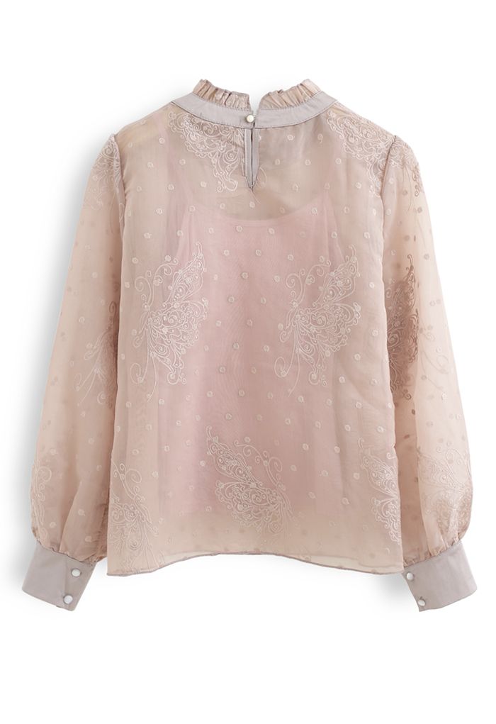 Butterfly Dots Embroidered Organza Sheer Top in Dusty Pink