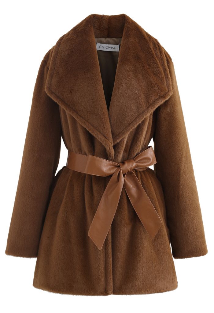 Faux Fur PU Leather Belted Coat in Brown