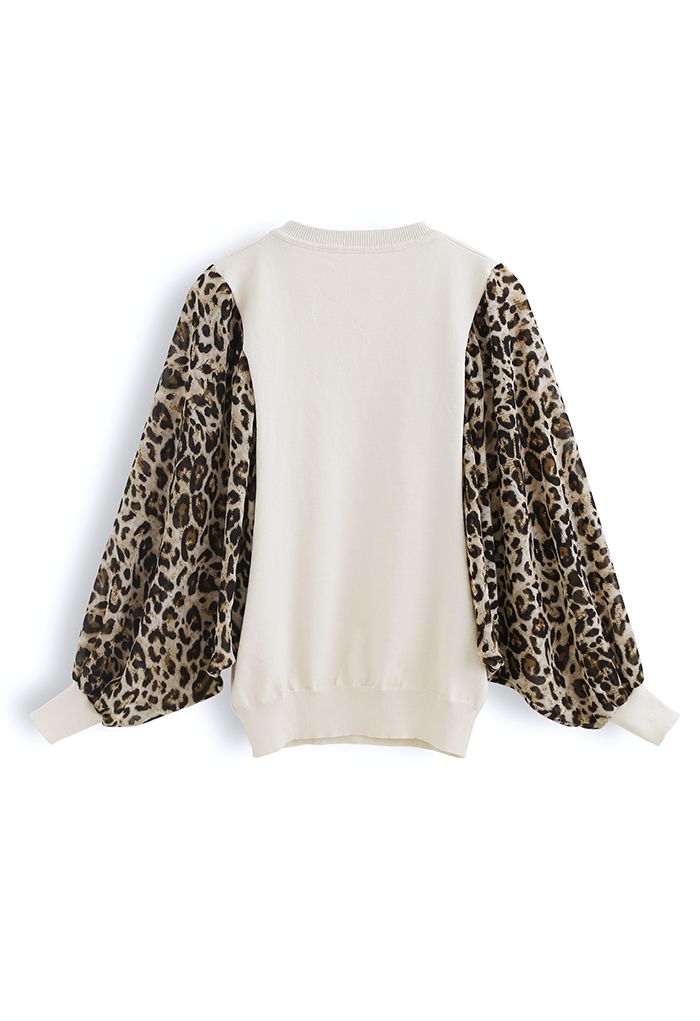 Leopard Chiffon Batwing Sleeves Knit Top in Cream