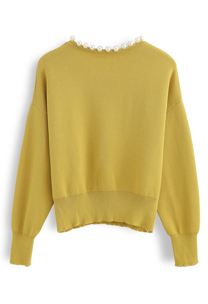 Pearls Trim Round Neck Knit Top in Yellow