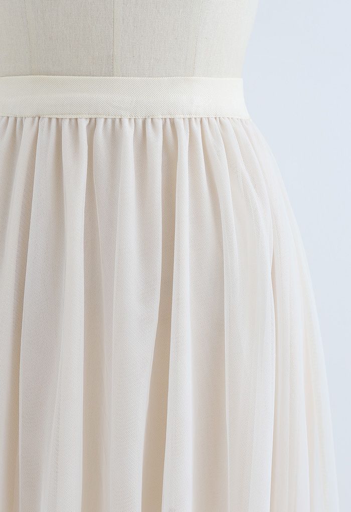 Tassel Lace Double-Layered Tulle Mesh Skirt in Cream