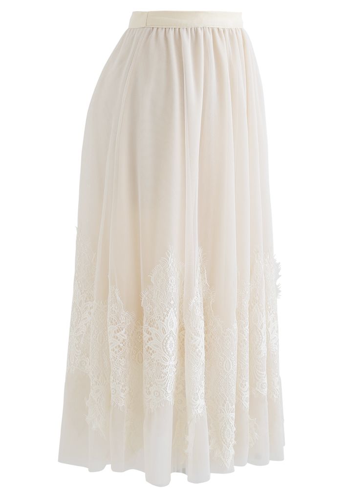 Tassel Lace Double-Layered Tulle Mesh Skirt in Cream