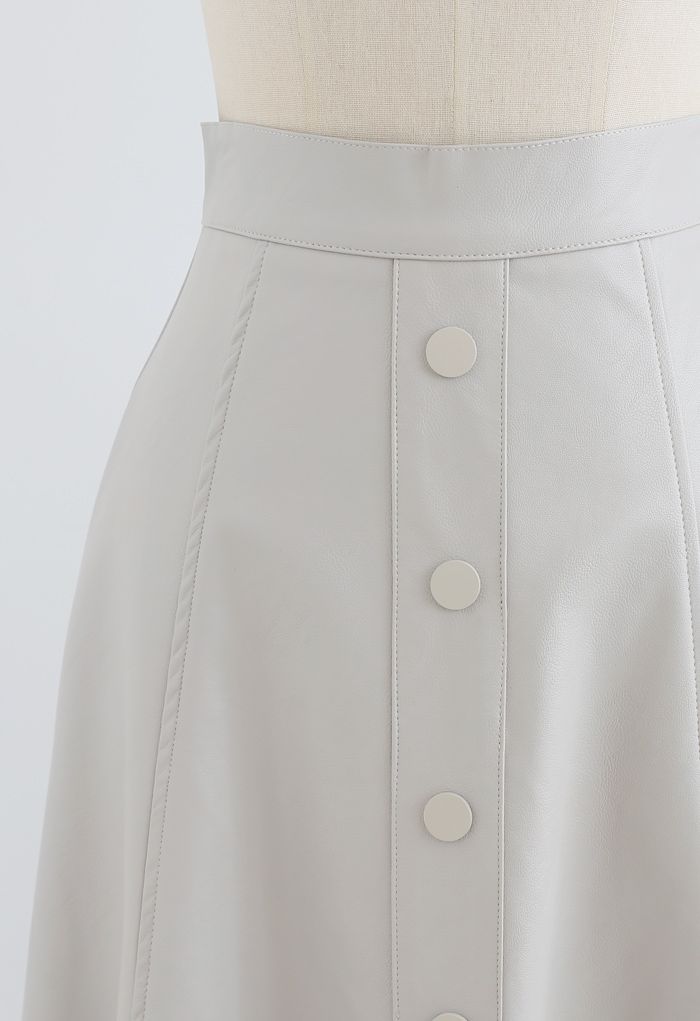 Buttoned Soft Faux Leather A-Line Skirt in Ivory