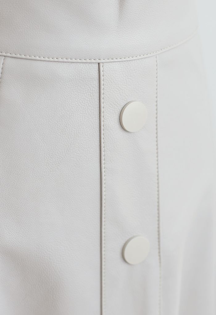 Buttoned Soft Faux Leather A-Line Skirt in Ivory