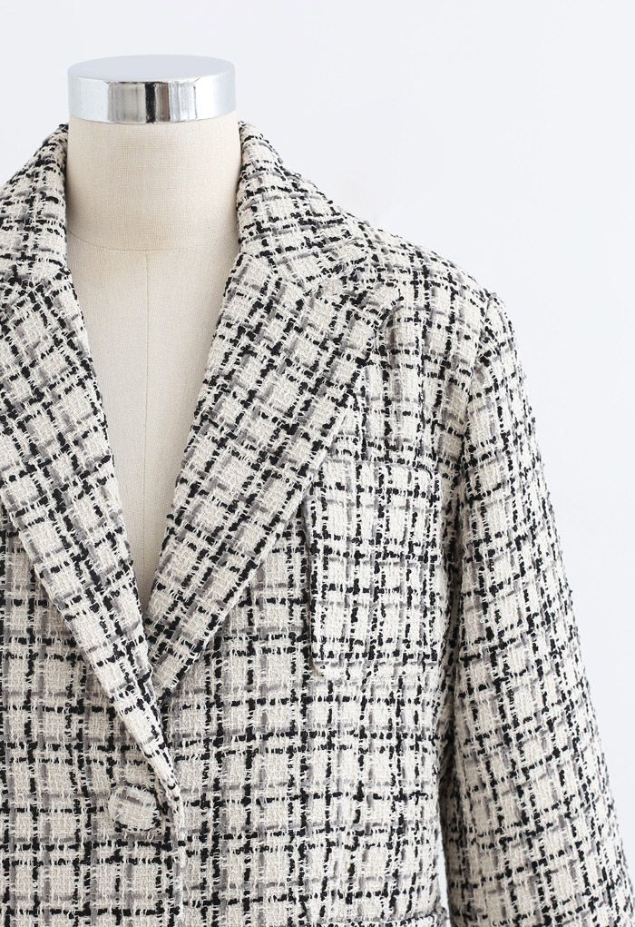 Patched Pockets Tweed Check Blazer in Cream
