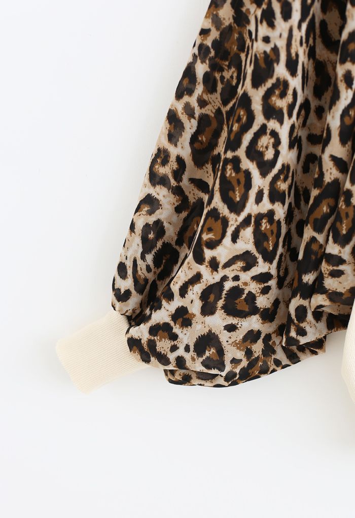 Leopard Chiffon Batwing Sleeves Knit Top in Cream