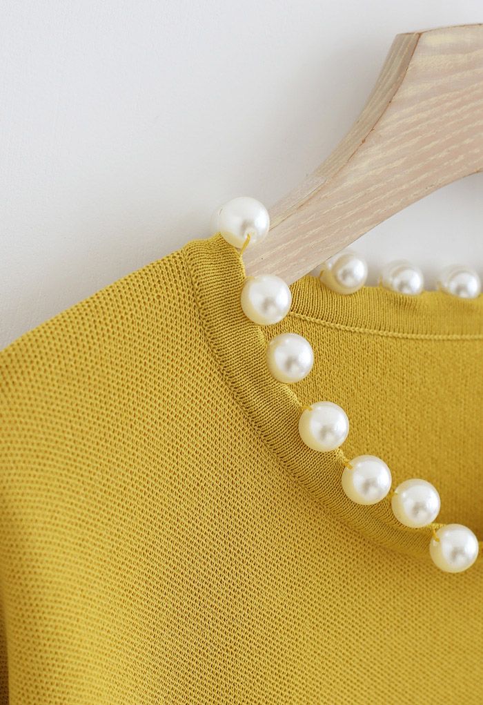 Pearls Trim Round Neck Knit Top in Yellow