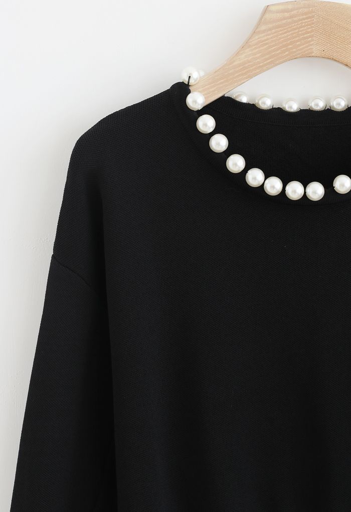 Pearls Trim Round Neck Knit Top in Black