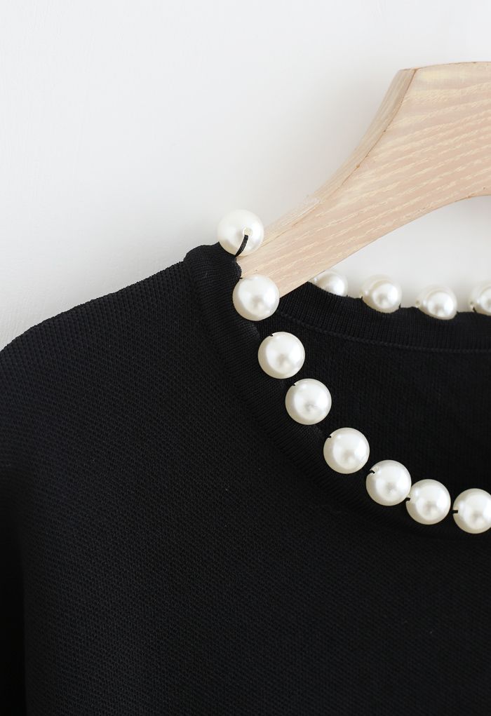 Pearls Trim Round Neck Knit Top in Black