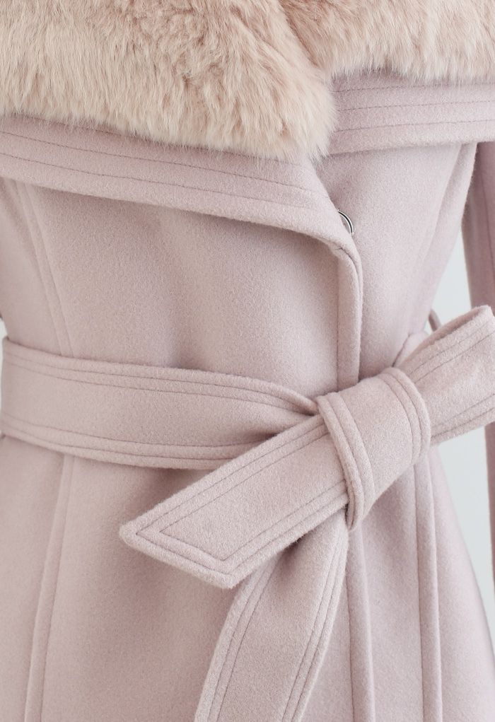 Faux Fur Wide Lapel Wool-Blend Coat in Pink