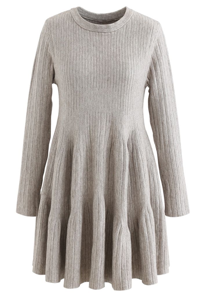 Frilling Hem Round Neck Knit Dress in Sand