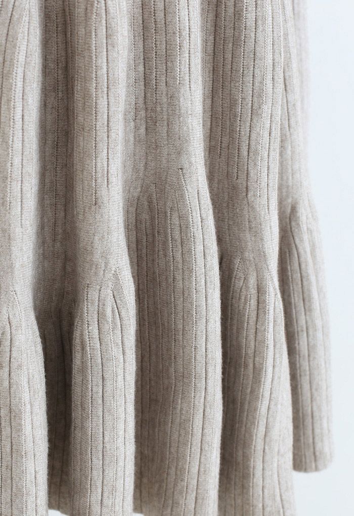 Frilling Hem Round Neck Knit Dress in Sand