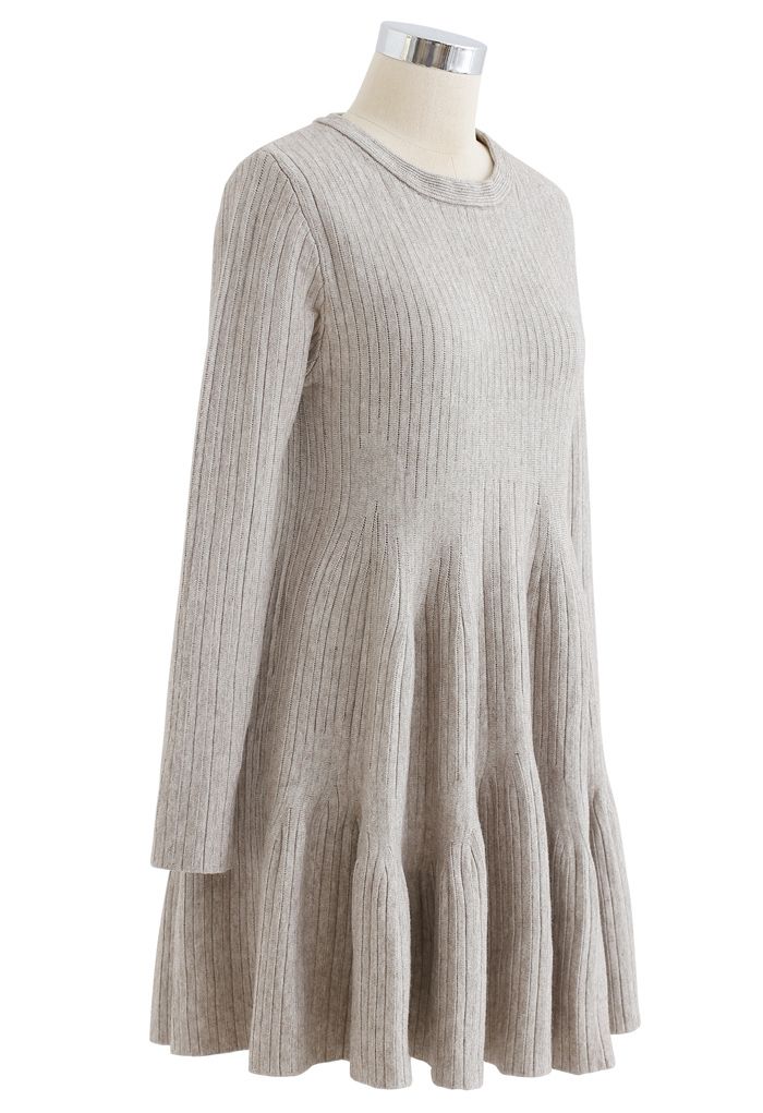 Frilling Hem Round Neck Knit Dress in Sand